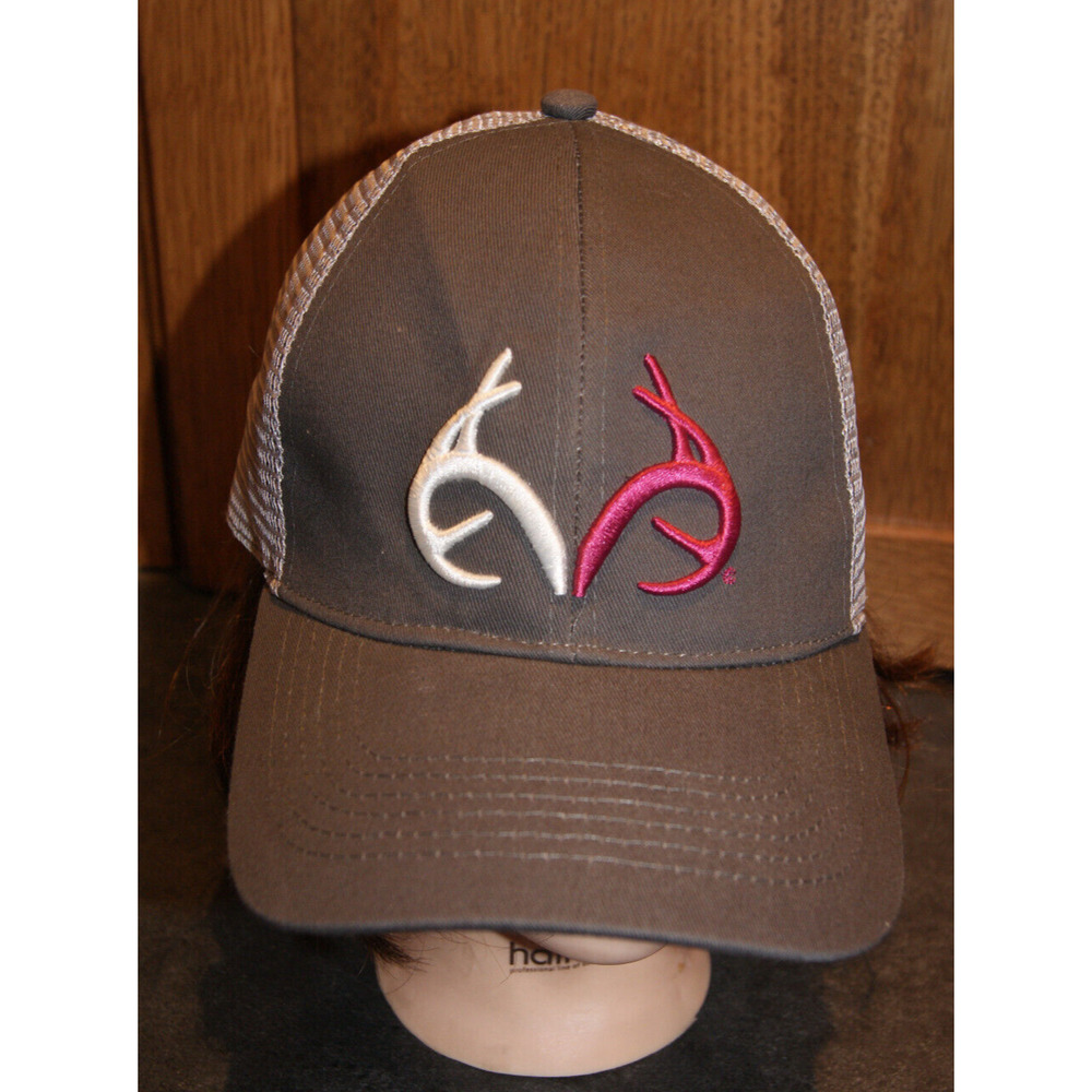 Realtree Gray Trucker Snapback Hat Cap Mesh White Maroon Deer Antler Logo